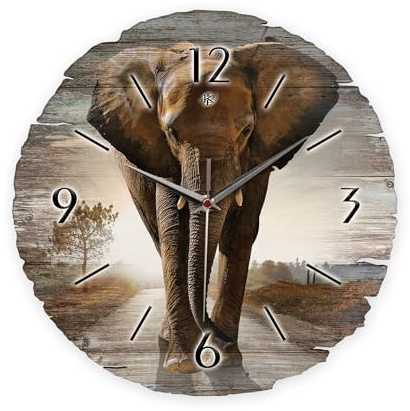 Kreative Feder Runde Wanduhr „Elefant“ aus Naturholz mit flüsterleisem Uhrwerk; Durchmesser 30cm (Elefant, leises Quarzuhrwerk)