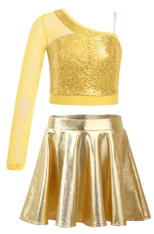 Jhaoyu Kinder Mädchen Tanz Outfits Pailletten Eine Schulter Tanz Top mit Metallic Rock Performance Kostüm Cheerleading Wettbewerb Dancewear Gold 122-128