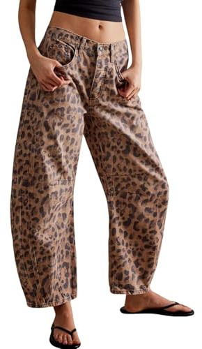 Womens Stretchy Mid Rise Barrel Jeans Vintage Loose Wide Leg Cropped Denim Pants Y2k Baggy Boyfriend Jeans (Small,Leopard Khaki)