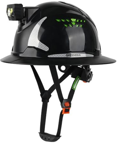 GREEN DEVIL Matrix Full Brim OSHA Bauhelm/Schutzhelm für Erwachsene | Sicherheitshelm mit LED-Kopflampe (IPX5) & 6-Punkt-System | Verstellbarer ABS-Bauhelme für Industrie, Bauarbeiten & Notdienste