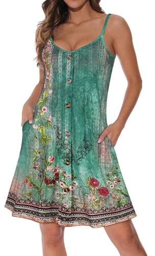 florynova Women Summer Dresses Spaghetti Strap Sundress Sleeveless V Neck Beach Dress with Pockets(Green Flower,XL)