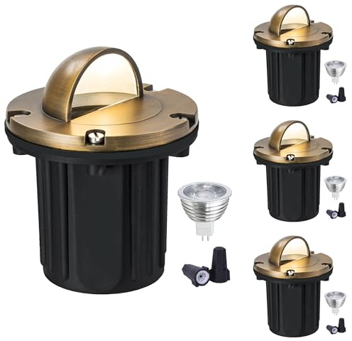 LumStory 4-Pack Brass Well Lights 12V Low Voltage Landscape Lighting LED Landscape Light Outdoor in Ground Lights with MR16 GU5.3 Bulb 5W 3000K Warm White(Beacon Top)