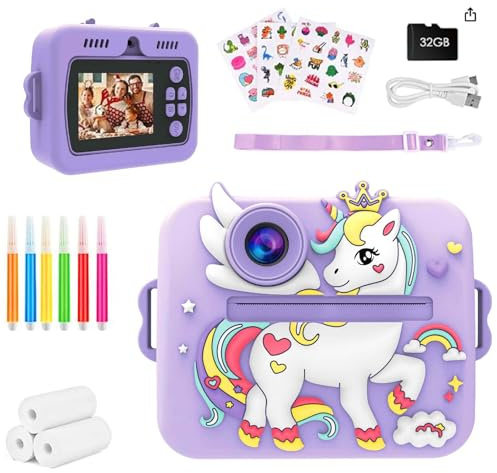 Balakaka Appareil Photo Instantané avec Filtres Créatifs, Appareil Photo Enfant avec Papier d'impression et Carte 32GB, Cadeau pour Filles Garçons de 3-12 Ans, Licorne Violette