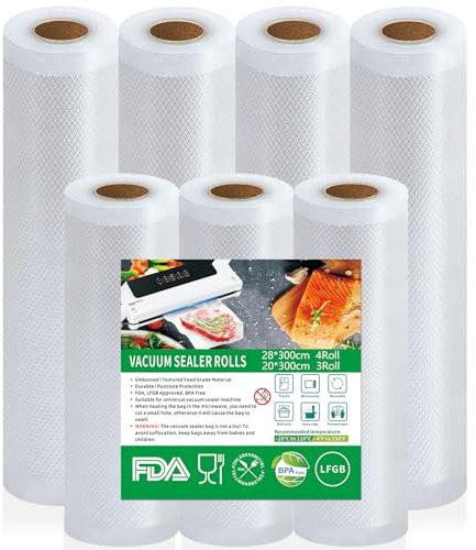 Votoko Sac Sous Vide Alimentaire, 3 Rouleaux 20 x 300 cm + 4 Rouleaux 28 x 300 cm, 190 µm, Sans BPA, Rouleau Sous Vide Alimentaire, Convient à Tous Machine Sous Vide