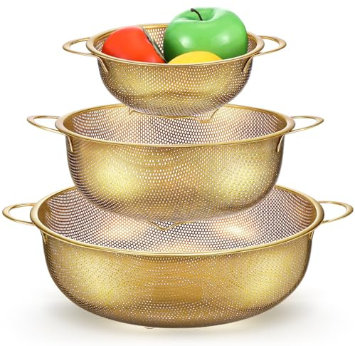 Baderke 3 Pieces Stainless Steel Gold Colander Metal Strainer with Handle Pasta Gold Colander for Kitchen Draining Pasta Rinsing Vegetables Rice Food, 3 Sizes(1-3-5 Quart,Classic)