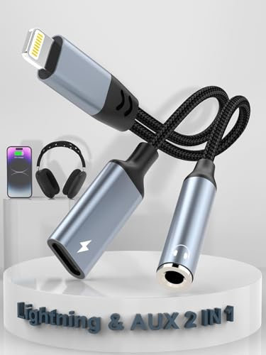 【Apple MFi Certified】 2-in-1 Lightning to 3.5mm Headphone Audio Jack and Charger Cable Adapter, Earphones Converter Aux Splitter Support Music+Charge+HiFi+Control for iPhone 14 Pro Max/14 13 12 11