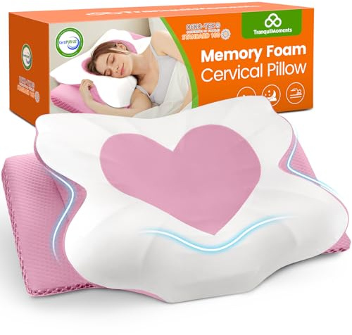 TranquilMoments Cervical Neck Pillow for Sleeping, Memory Foam Side Sleeper Pillow, Ergonomic Pillows for Neck Pain Relief, Shoulder Support Pillows for Side Back Stomach Sleepers (Pink, Queen Size)