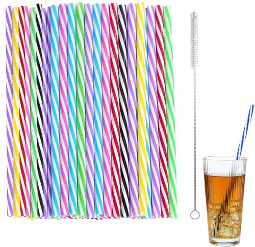 100 Stück Wiederverwendbare Strohhalme Plastik Trinkhalme | Plastik Strohhalme mit Strohhalmbürste,Bunt Plastikstrohhalme für Saft Smoothies Cocktail Heißgetränk,23cm Lang