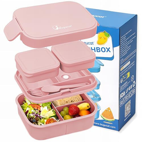 Bugucat Brotdose Kinder 1300ML,Lunchbox Erwachsen Auslaufsicher Mit Fächern Bento Box für Kinder & Erwachsene mit Soßenbox, Vesperdose Frühstücksbox für Mädchen & Jungen BPA-Frei Rosa