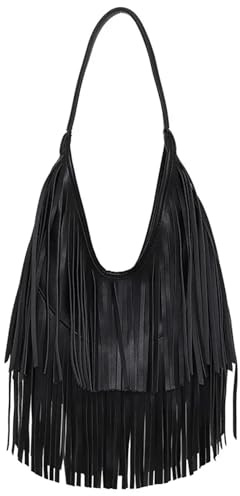 ZUGLQYSX Fransentasche Quaste Damen Handtaschen Leder Hobo Unterarmtaschen Tragetaschen(Black)