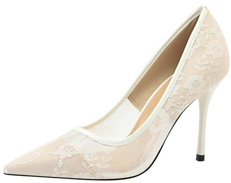 Spetsinspirerade stiletto pumps för kvinnor, fin spets, eleganta skor för fester och evenemang, Vit, 35 EU