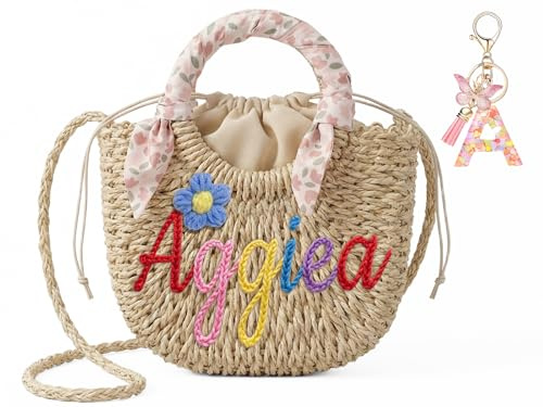 CGFN Personalisierte Strohtasche Mädchen,Kinder Handtasche mit Namen Personalisiert Strand & Sommer,Kleine Umhängetasche Stroh Korb Urlaub & Geburtstag, Ideales Geschenke