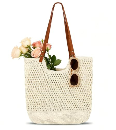 Sommer Häkeltasche Strandtasche für Damen, Groß Boho Gehäkelt Umhängetasche mit Reißverschluss, Sommer Netzstoff Strandtasche, Gewebte Tasche Gestrickte Schultertasche für Strand, Reisen, Urlaub