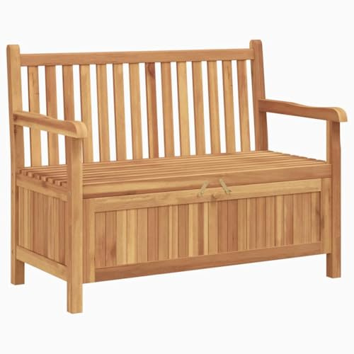 Foknhdi Gartenbank mit Stauraum 114x60x90 cm aus massivem Teak, rustikales Braun, platzsparende Truhenbank für Balkon, Terrasse und Garten, bis 110 kg belastbar