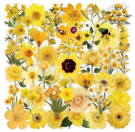 Goiern Gelb Blumen Sticker Wasserfest, 100 Stück, Rub On Sticker Blumen Aufkleber, Yellow Blumensticker für Scrapbook, Bullet Journal, Planner, DIY Projekte (Jede Designvariante 2 Stück)