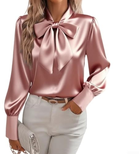 Dam silkesblus långärmad, fluga hals satin button-down-skjortor | Polyestertyg, medium elasticitet, normal passform, vardaglig arbete kontor damer blus toppar