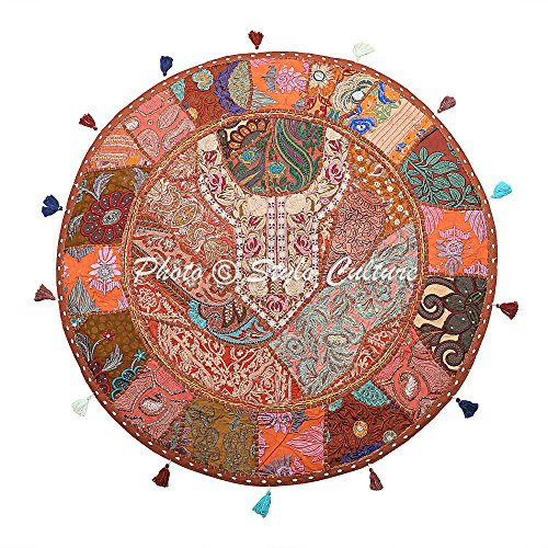 Stylo Culture Ethnisch Dekorativ Rund Bodenkissenbezug Boho 80x80 cm Groß Sitzpouf Kissen Vintage Braun Bohemien Patchwork Seat Lounge Baumwolle Bestickt Bodenkissen Ethno