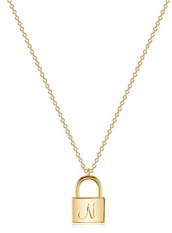 MYEARS Women Initial Lock Necklace Gold Padlock Double Script Double Side Engraved Pendant 14K Gold Filled Dainty Chain Simple Hypoallergenic Everyday Personalized Alphabet Jewelry Letter N