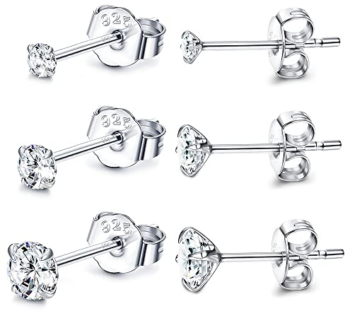 Sllaiss 3 Paare Ohrstecker Sets with Österreich Zirconia 925 Sterling Silber Ohrringe Set für Frauen Weißgold Runden Zirkonia Ohrstecker 2/3/4MM
