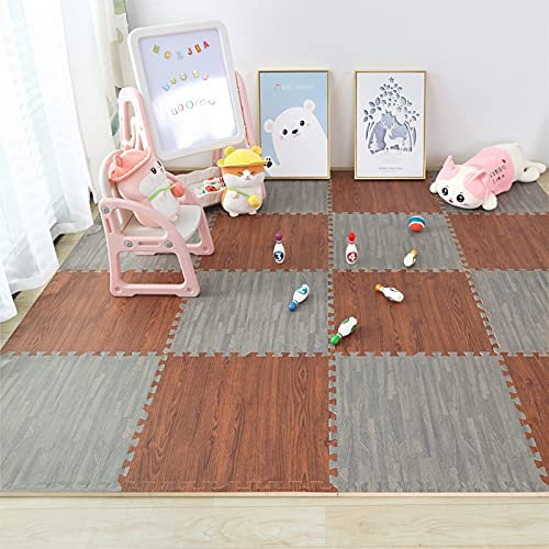 TONGQU Kinder-Puzzlematten, 60 x 60 x 2 cm / 23 x 23 x 0,78in Eva-Schaumstoff-Puzzlespielmatte Ideal für Heimstudios, Garagen oder Kinderspielbereiche,Gray+Brown,10