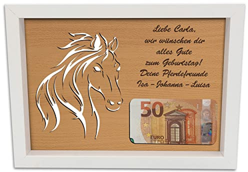Namofactur personalisierte Pferde-Geldgeschenkbox im Bilderrahmen | Mit Gravur, zum Aufstellen oder Aufhängen und auch für Fotos oder andere Materialien nutzbar – Geschenk für Pferdefans