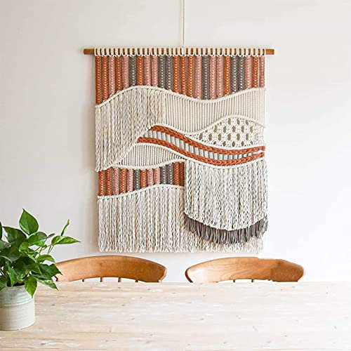 WABMJGW Makramee-Wandbehang, Boho-Chic, bunter Makramee-Wandteppich, 100 % handgefertigt, gewebtes Baumwollseil, elegante Streifen, Wandkunst, Dekor, orange, 80 x 100 cm