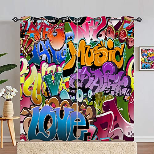 ANHOPE Graffiti Curtains Eyelet 80% Blackout Room Darkening Curtains Hip Hop Hippie Doodle Print Pattern Light Blocking Window Drapes for Kids Boys Girls Bedroom Living Room 46 x 72 Inch Drop 2 Panels