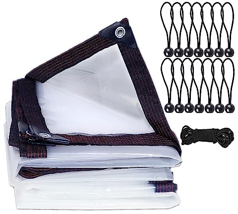 3m X 3m Clear Tarpaulin Waterproof Heavy Duty, Greenhouses Transparent Tarp | with Eyelets 14Pcs Bungees Balls and 10M Ropes, Plastic Tarp, for Garden, Outdoor Furniture, Chicken Shed, Gazebo side Panels