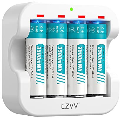 czvv Piles Rechargeables Lithium AA 1,5V - Chargeur avec 4 Pack Accu Haute Capacité 3500mWh - Charge Rapide 2H - Batterie Durée 10 Ans, 1300 Cycles, Préchargées, Faible Auto-décharge, Sortie Constante