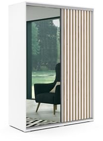 BM-Möbel Kleiderschrank mit Spiegel und Schiebetüren - mit Einlegeböden und Kleiderstange - für Garderobe, Schlafzimmer - Modern - mit Lamellen - Weiß und Eiche-Imitat - 200 cm B, 215 cm H