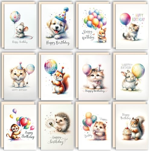 Geburtstagskarte Glückwunschkarten Postkarten Set mit 12 Geburtstagskarten mit Umschlägen Süßen Tieren Maus Eichhörnchen Hunden Katzen Igel Hase Löwe Affe Hamster mit Happy Birthday bedruckt