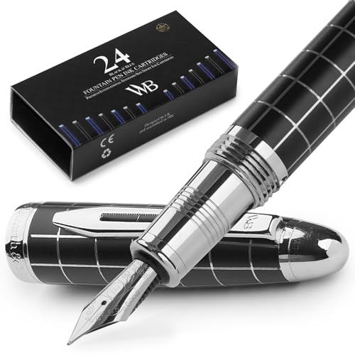 Wordsworth & Black Pluma estilográfica Majesti-(A cuadros), Estuche de lujo, Acabado cromado; Punta fina- Cartuchos de tinta, Convertidor de tinta recargable- Pluma de caligrafía