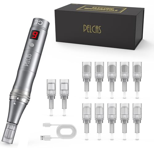 PELCAS 9-Speeds Microneedling Pen LCD Screen Dermapen with 12Pcs Cartridges Type-C Rechargable Electric Derma Penfor Face Body Beard Hair and Skin Care-Black