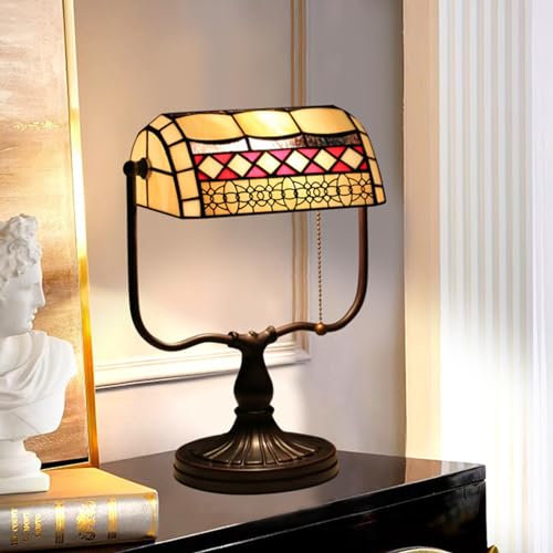 AIBOTY Mission Tiffany Banker Lampe, Vintage Buntglas Tischlampe, Retro Lesen Schreibtisch Licht Für Nachttisch Wohnzimmer Schlafzimmer Arbeitsplatte Computer Desktop Büro,Red 2
