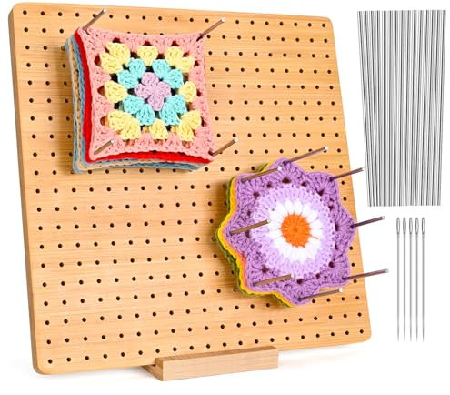 Larkumio Crochet Blocking Board and Pins, 11 Inch Granny Square Board for Crochet with 15 Steel Rod & 5 Knitting Needles, Wooden Peg Boards Blocking Mats for Knitting