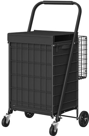 SONGMICS Einkaufstrolley Klappbarer, Trolley, Einkaufswagen, 360° drehbare Räder, Tasche aus Oxford-Gewebe, Abnehmbarer Korb, Picknick, Wäsche, tintenschwarz KST012B01