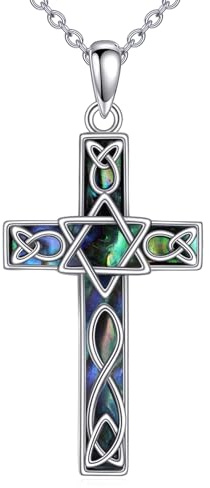 YFN Star of David Cross Necklace Sterling Silver Jewish Star Pendant Abalone Shell Celtic Cross Jewellery Gift for Women Men