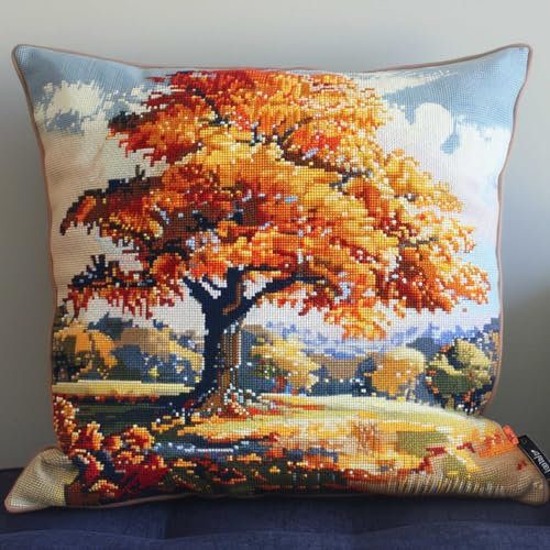 RKFLGEW Hook Latch Kit Autumn Tree Latch Hook Cushion Kit，DIY Pillow Cover Making Craft Printed Canvas for Beginners Embroidery Crafting Pillowt De Broderie
