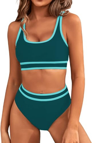 Genfien Bikiniset för kvinnor bikini toppar hög midja botten magkontroll baddräkter utskurna damer baddräkt kostymer vadderade strandkläder, marinblå, S