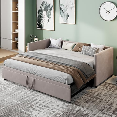 NLDGR Gepolstertes Schlafsofa, 2-in-1-Mehrzweck-Schlafsofa mit Ausziehbett, Verwandelbares Samt-Schlafsofa 90/180 x 200 cm, moderner Zweisitzer für Wohnzimmer, Schlafzimmer, Ohne Matratze (Grau)