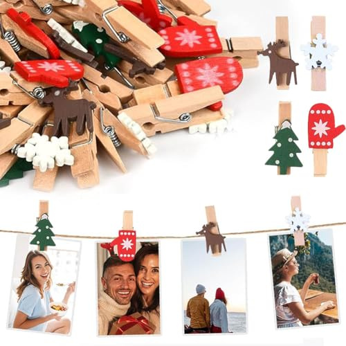 Mollette Decorative Natalizie in Legno, 60pcs Clip Fiocco, Usato Per Pareti Fotografiche, Cartoline, Artigianato, Decorazioni Natalizie