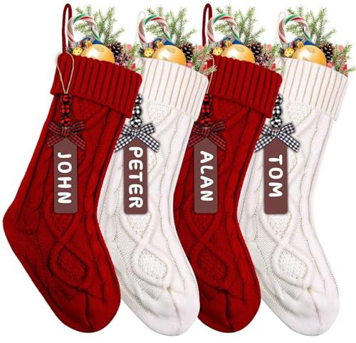 JOLCEEY 4pcs Christmas Stockings, 18 Inch Large Knit Christmas Stockings Personalized Xmas Hanging Stocking Decorations with Name Tags for Christmas Fireplace Tree Decorations