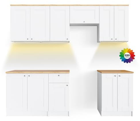 Vicco Küchenzeile Bergamo, Weiß, 240 cm | AP Goldkraft mit LED-Leisten, mit variabel positionierbaren Modulen zur individuellen Anpassung