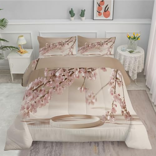 FamHarbor Beige Double Duvet, Coverless Duvet with cherry blossoms Pattern, Double Quilt 7.5 Tog for All Seasons, Soft and Comfortable, Lightweight Washable Comforter 200x200 cm with 2 Pillowcases