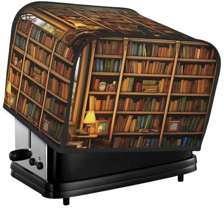 Retro Bücherregal Toaster Abdeckung 4 Scheiben Küche Kleine Geräte Abdeckungen mit Taschen Toaster Staubschutz mit Griff oben Ofenabdeckung Waschbar Universal Brotbackmaschine Abdeckung für Küche