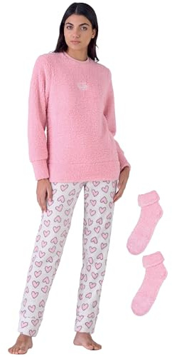 Pigiama Pile Donna Caldo Invernale + Calze Ciniglia Omaggio Morbido Coral Scatolato
