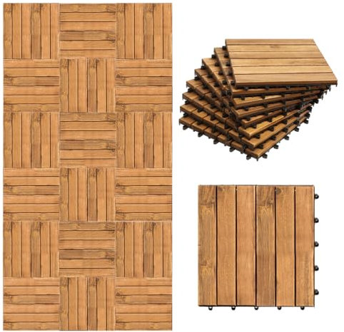 Fiqops Piastrelle in legno, 30 x 30 cm, piastrelle per pavimenti in legno di acacia, 11 pezzo, 1 ㎡, per terrazze, terrazze, mosaico per giardino, patio, balcone (6 listelli)