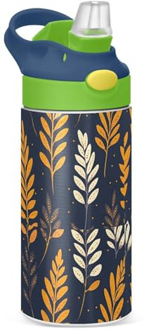 aidingzhi Leaves Rice Blue Yellow 12oz Stainless Steel sports water bottle for kids, BPA Free, vacuum bottle with Leak-Proof lid for Backpack, travel