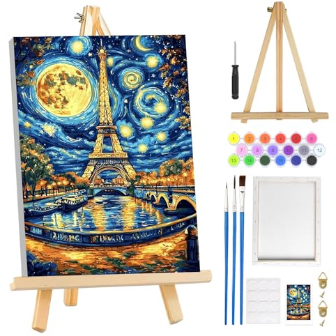 MOGTAA Pintura por números de la Torre Eiffel para adultos principiantes con marco, pintura abstracta de paisaje por números para adultos con caballete, kits de pintura al óleo DIY para decoración del