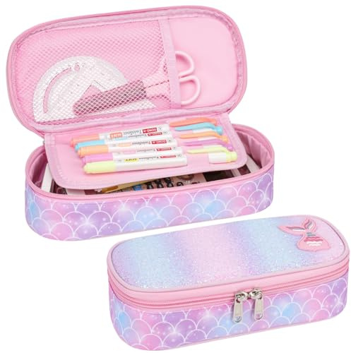 Bagseri Federmäppchen Mädchen - Rosa Meerjungfrau Mäppchen Mädchen für Kita & Schule, Große Federmappe mit 2 Fächern und Stifthalter innen, Federtasche Kinder (Ohne Inhalt)
